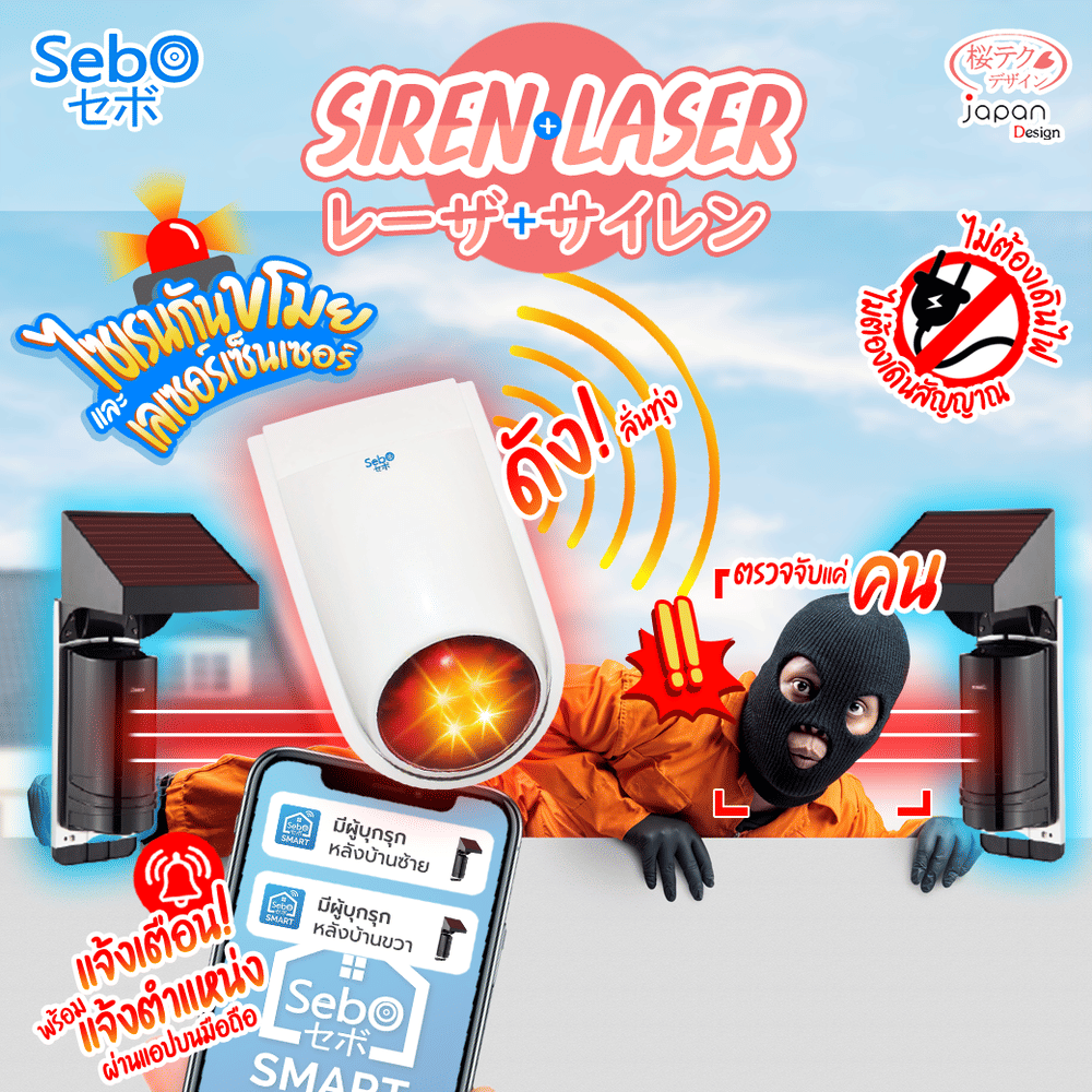 เลเซอร์กันขโมย ไร้สายพร้อมแบตเตอรี่ SebO รุ่น LASER สำหรับประตูรั้ว (สินค้าไม่รวมติดตั้ง)